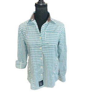 Dolly Varden M Teal White Gingham Button-Up Fishing Outdoor Hiking Shirt Cotton
